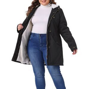 Plus Size Parkas Jackets Faux Fur Lined Anorak Coat with Hood Black